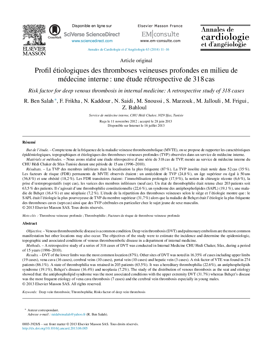 Profil étiologiques des thromboses veineuses profondes en milieu de médecine interne : une étude rétrospective de 318 cas