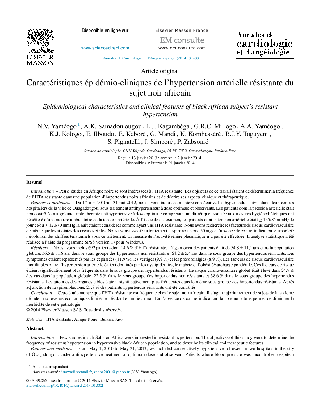 Caractéristiques épidémio-cliniques de l’hypertension artérielle résistante du sujet noir africain