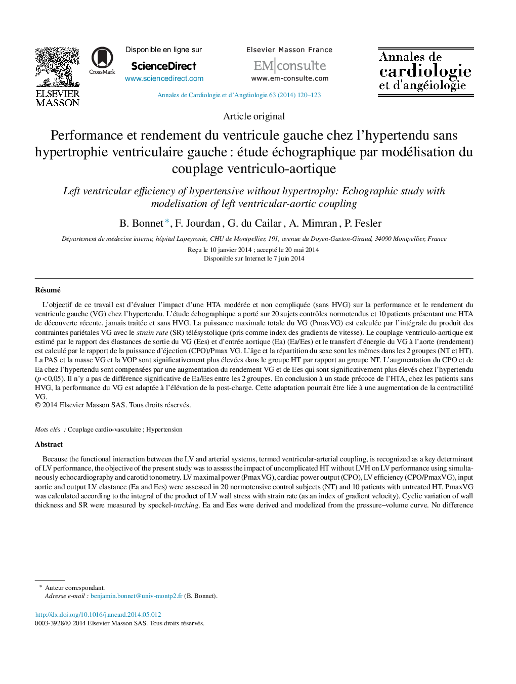 Performance et rendement du ventricule gauche chez l’hypertendu sans hypertrophie ventriculaire gauche : étude échographique par modélisation du couplage ventriculo-aortique