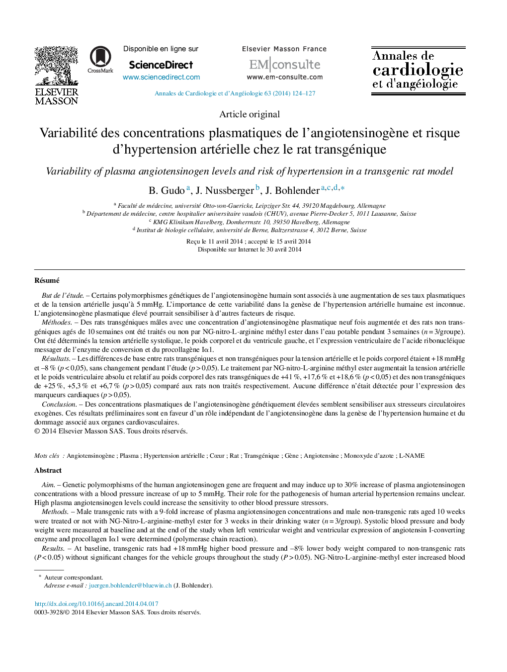 Variabilité des concentrations plasmatiques de l’angiotensinogène et risque d’hypertension artérielle chez le rat transgénique