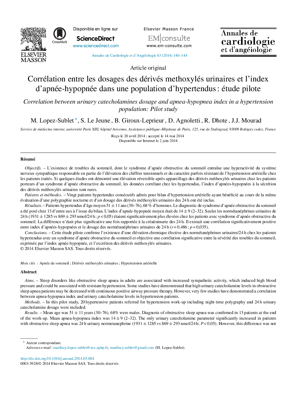 Corrélation entre les dosages des dérivés methoxylés urinaires et l’index d’apnée-hypopnée dans une population d’hypertendus : étude pilote