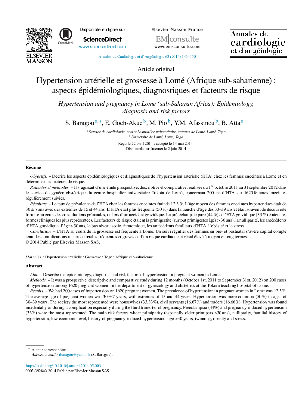 Hypertension artérielle et grossesse à Lomé (Afrique sub-saharienne) : aspects épidémiologiques, diagnostiques et facteurs de risque