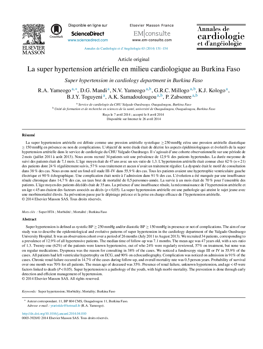 La super hypertension artérielle en milieu cardiologique au Burkina Faso