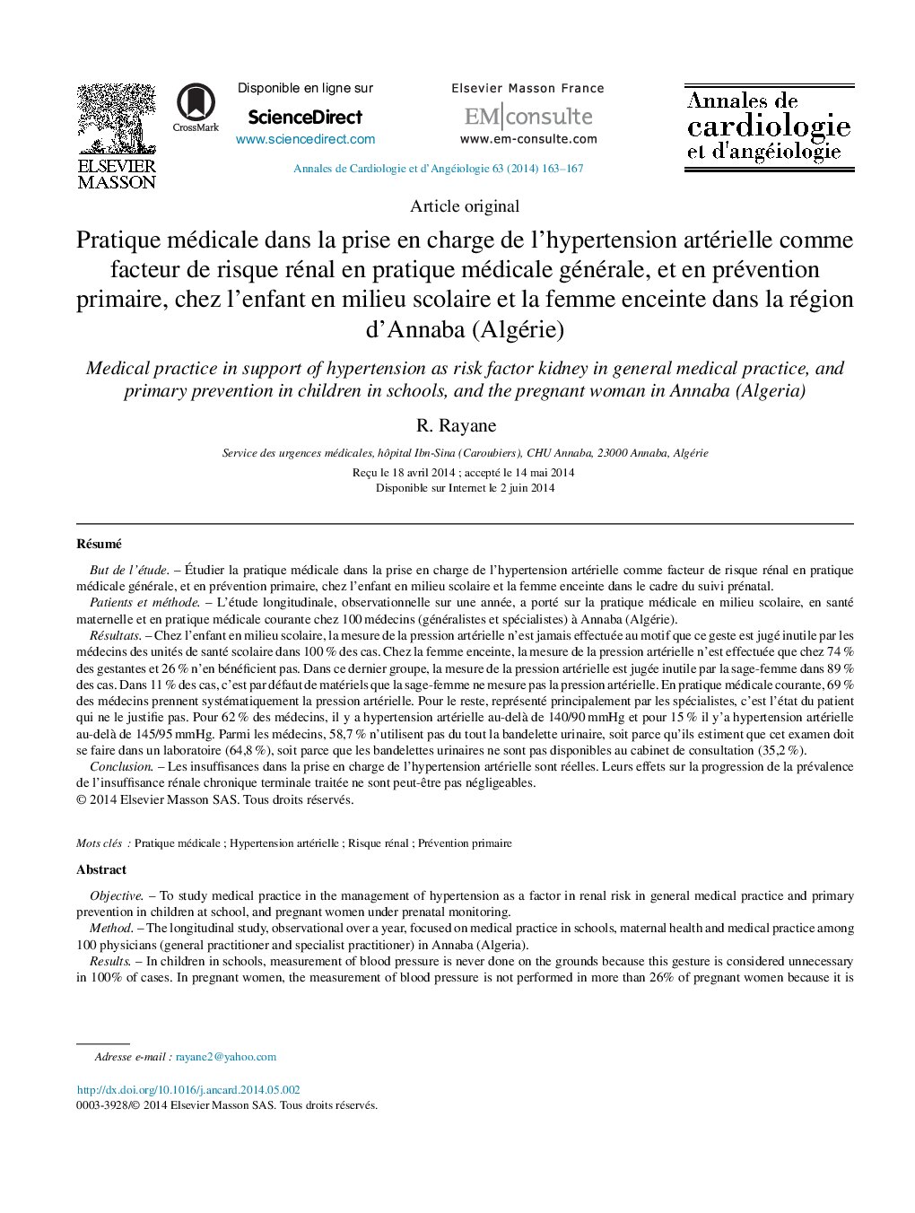 Pratique médicale dans la prise en charge de l’hypertension artérielle comme facteur de risque rénal en pratique médicale générale, et en prévention primaire, chez l’enfant en milieu scolaire et la femme enceinte dans la région d’Annaba (Algérie)