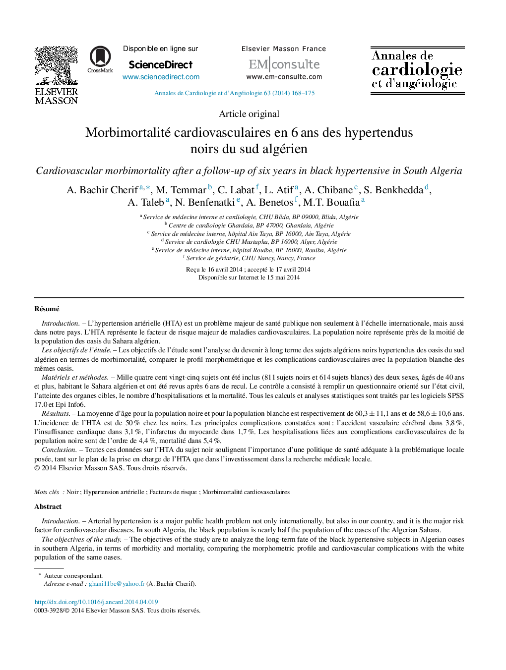 Morbimortalité cardiovasculaires en 6Â ans des hypertendus noirs du sud algérien