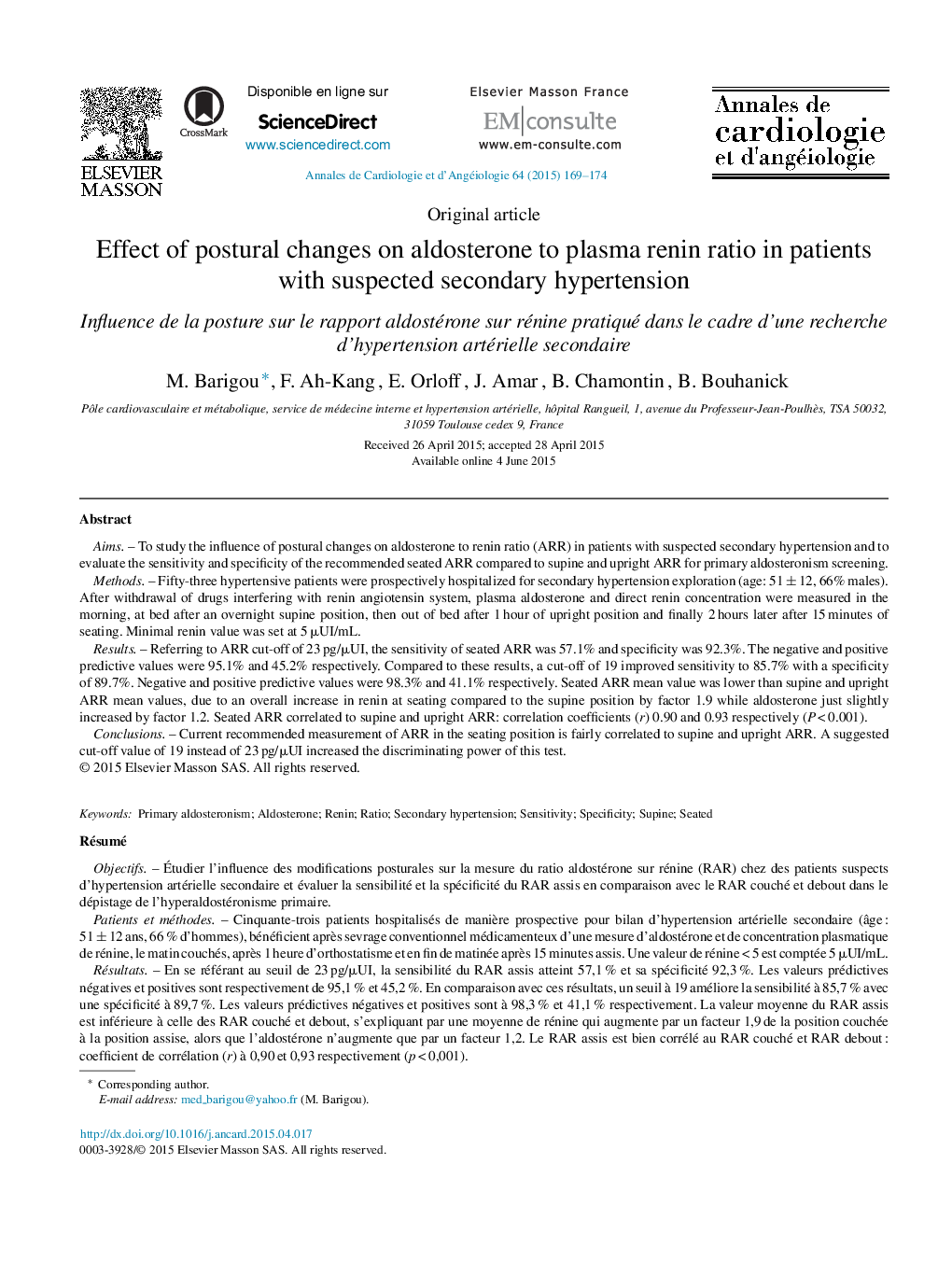 اثر تغییرات موضعی بر نسبت آلدوسترون به پلاسمای رنین در بیماران مبتلا به فشار خون بالا مشکوک به فشار خون بالا 