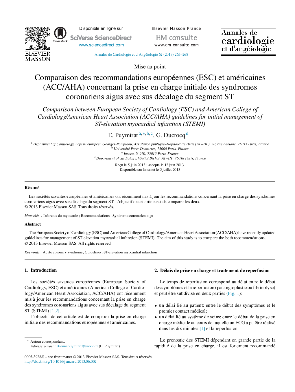 Comparaison des recommandations européennes (ESC) et américaines (ACC/AHA) concernant la prise en charge initiale des syndromes coronariens aigus avec sus décalage du segment ST