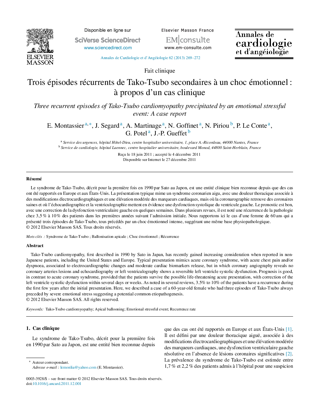 Trois épisodes récurrents de Tako-Tsubo secondaires à un choc émotionnel : à propos d’un cas clinique