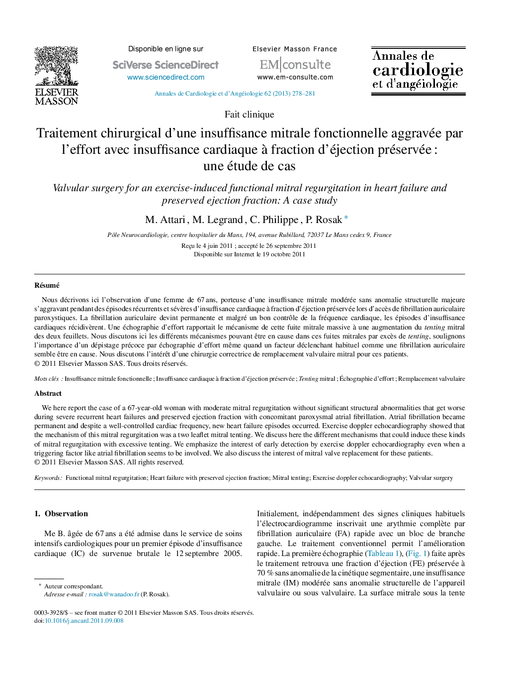 Traitement chirurgical d’une insuffisance mitrale fonctionnelle aggravée par l’effort avec insuffisance cardiaque à fraction d’éjection préservée : une étude de cas