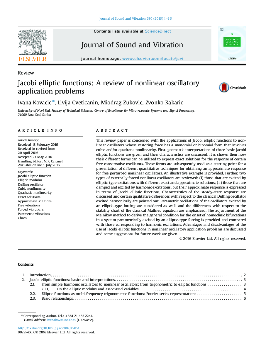 Jacobi elliptic functions: A review of nonlinear oscillatory application problems