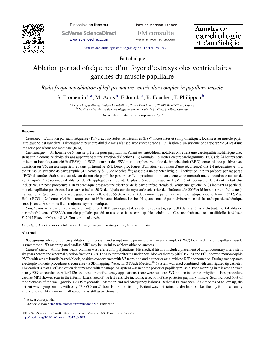 Ablation par radiofréquence d’un foyer d’extrasystoles ventriculaires gauches du muscle papillaire