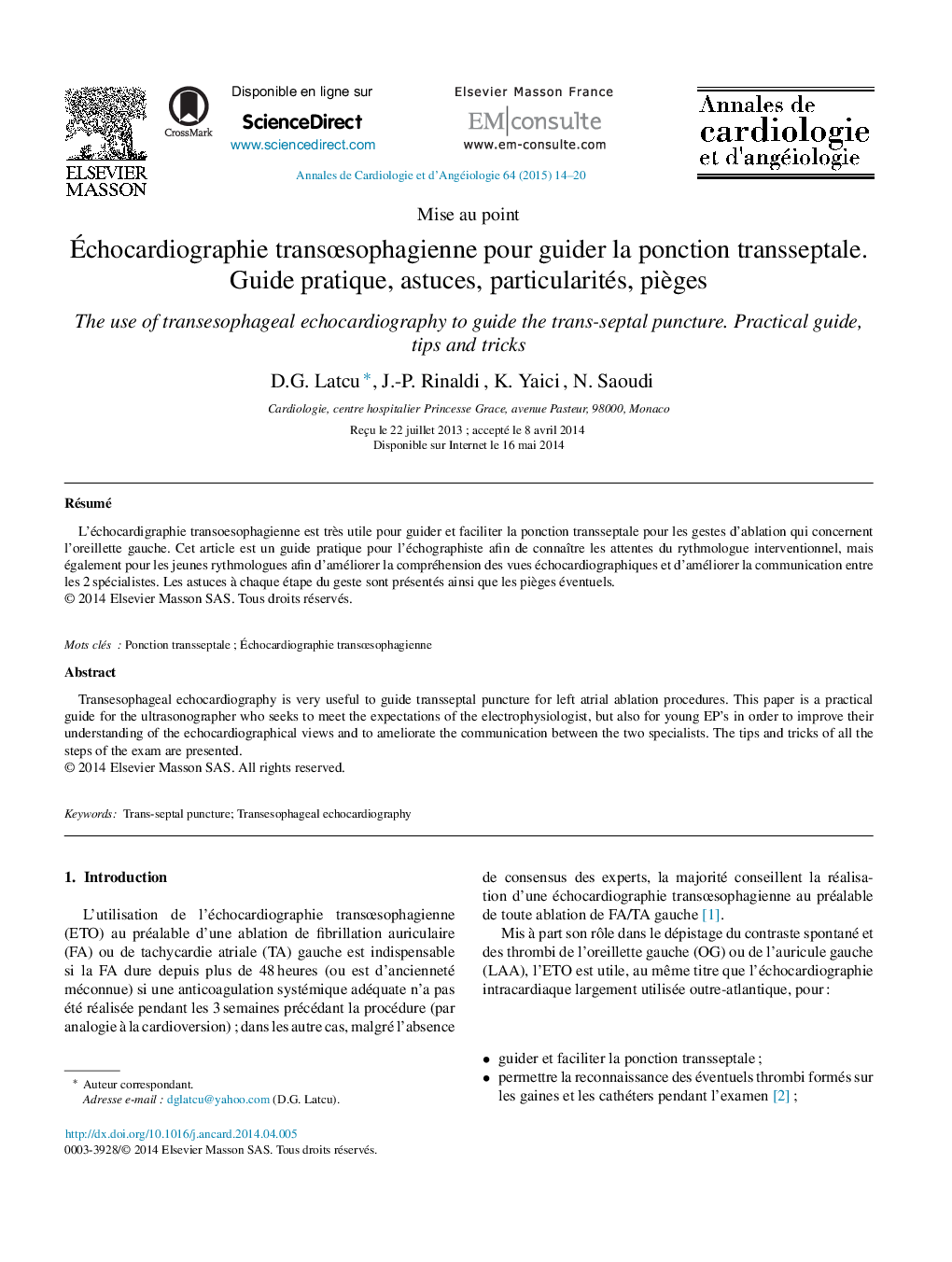 Échocardiographie transœsophagienne pour guider la ponction transseptale. Guide pratique, astuces, particularités, pièges