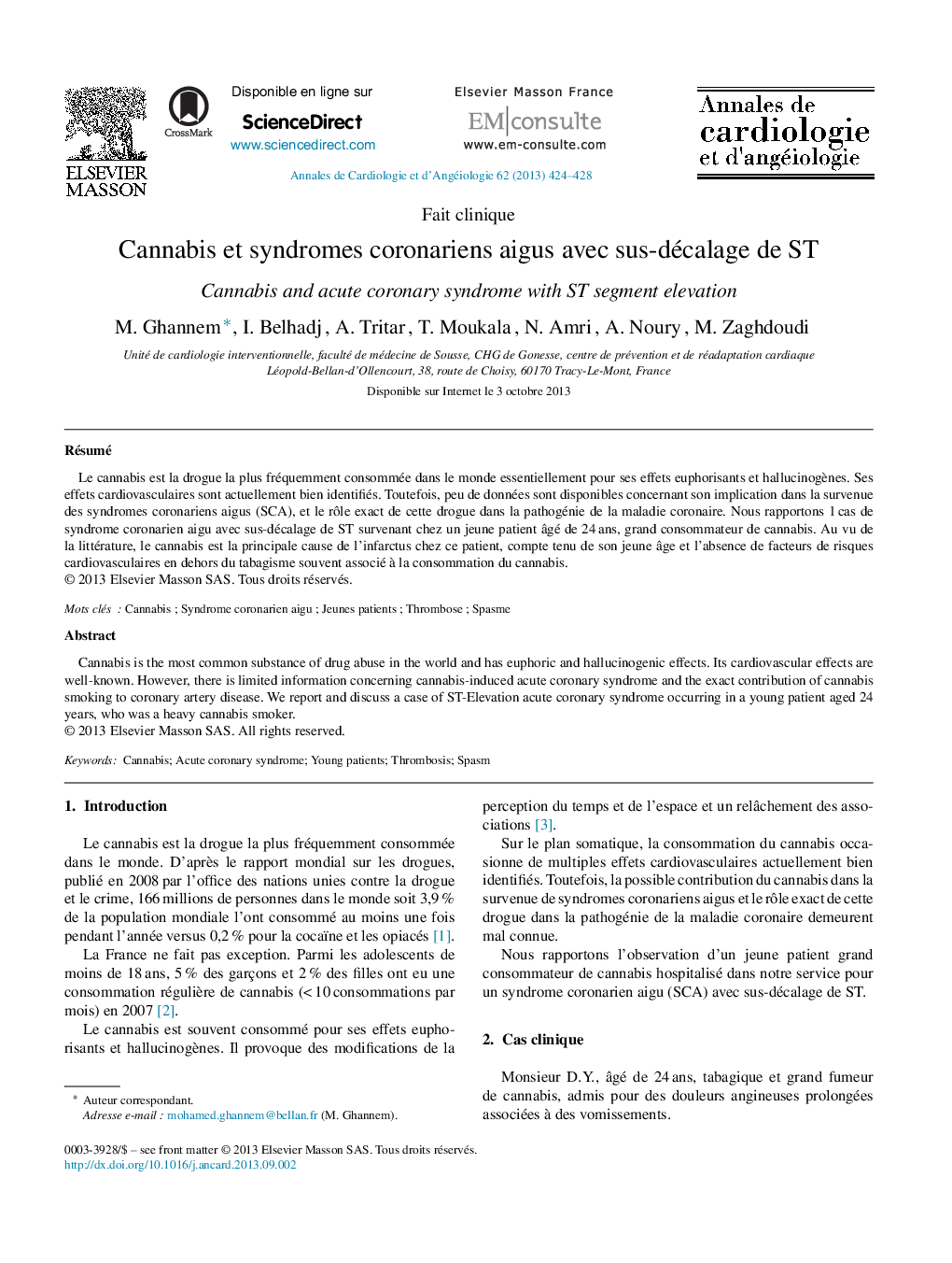 Cannabis et syndromes coronariens aigus avec sus-décalage de ST