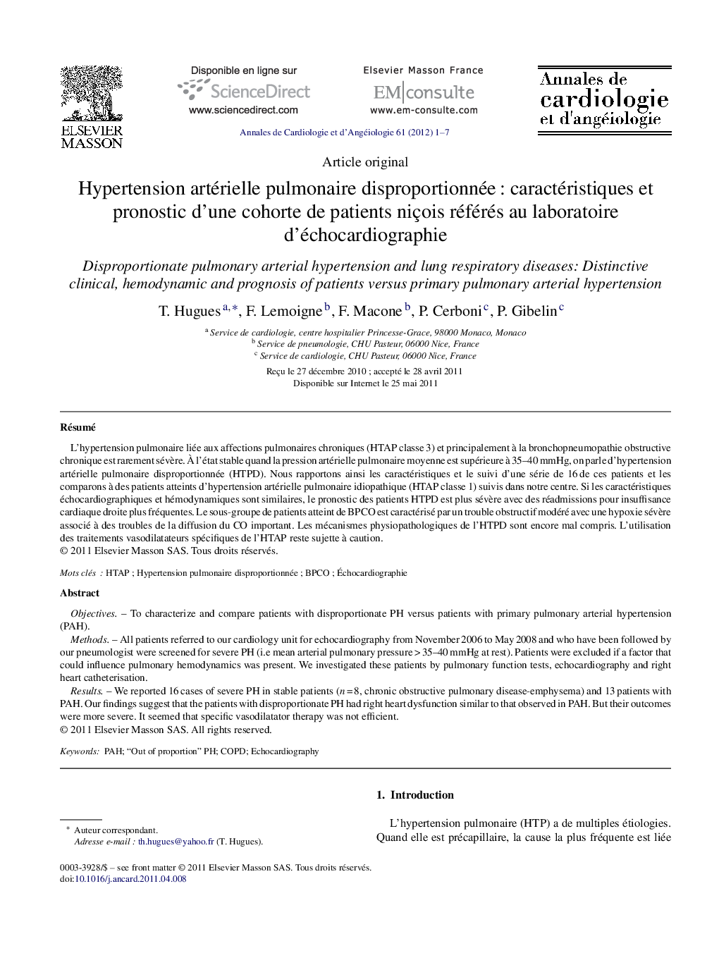 Hypertension artérielle pulmonaire disproportionnée : caractéristiques et pronostic d’une cohorte de patients niçois référés au laboratoire d’échocardiographie