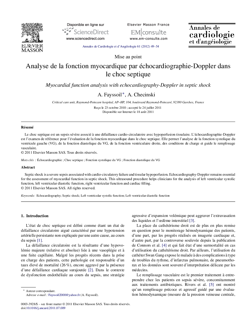 Analyse de la fonction myocardique par échocardiographie-Doppler dans le choc septique