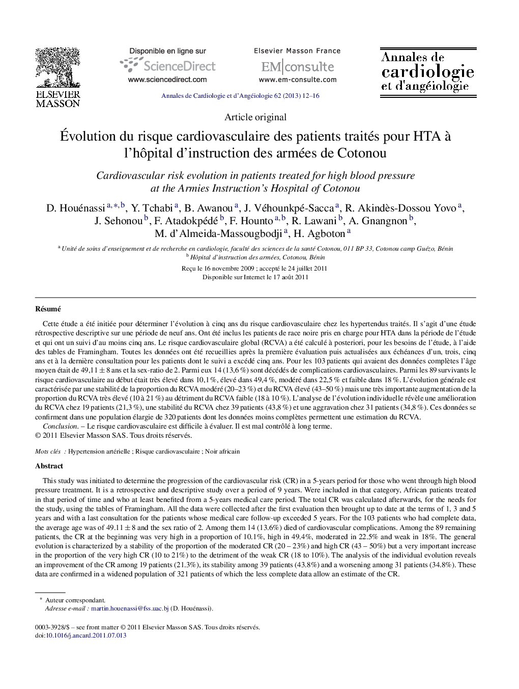 Ãvolution du risque cardiovasculaire des patients traités pour HTA Ã  l'hÃ´pital d'instruction des armées de Cotonou