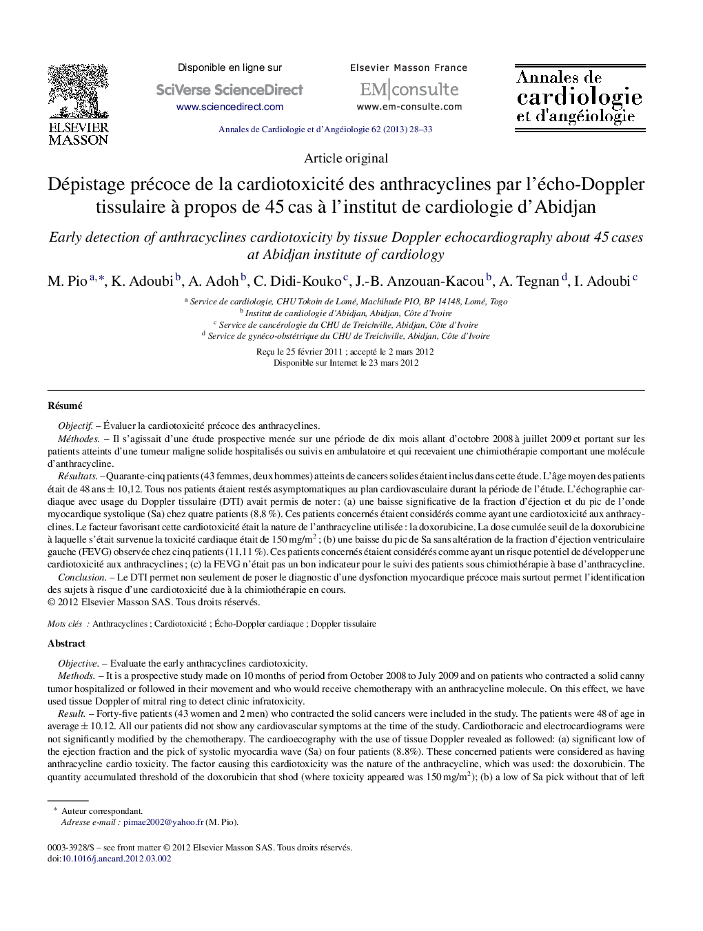 Dépistage précoce de la cardiotoxicité des anthracyclines par l’écho-Doppler tissulaire à propos de 45 cas à l’institut de cardiologie d’Abidjan