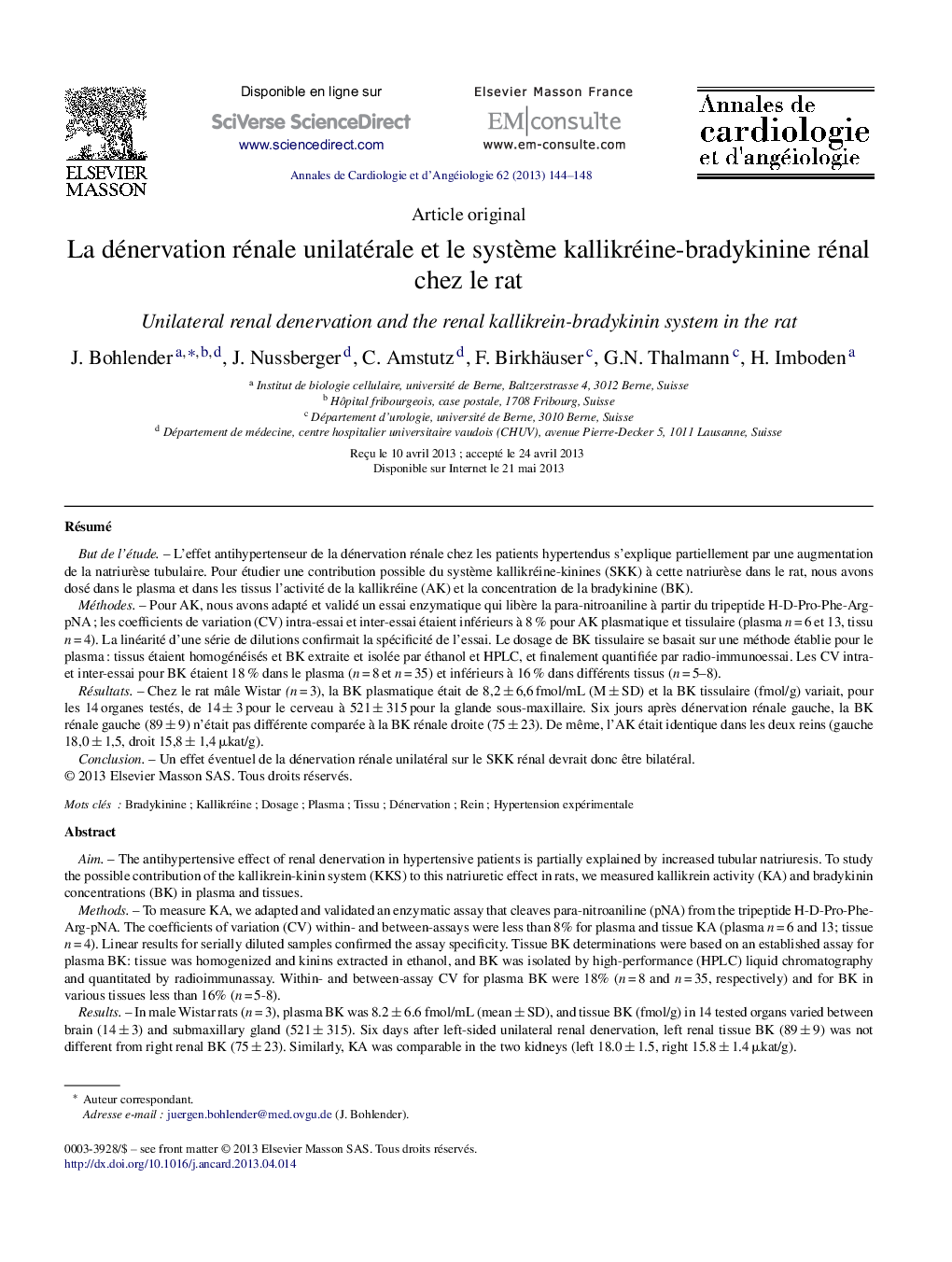 La dénervation rénale unilatérale et le système kallikréine-bradykinine rénal chez le rat