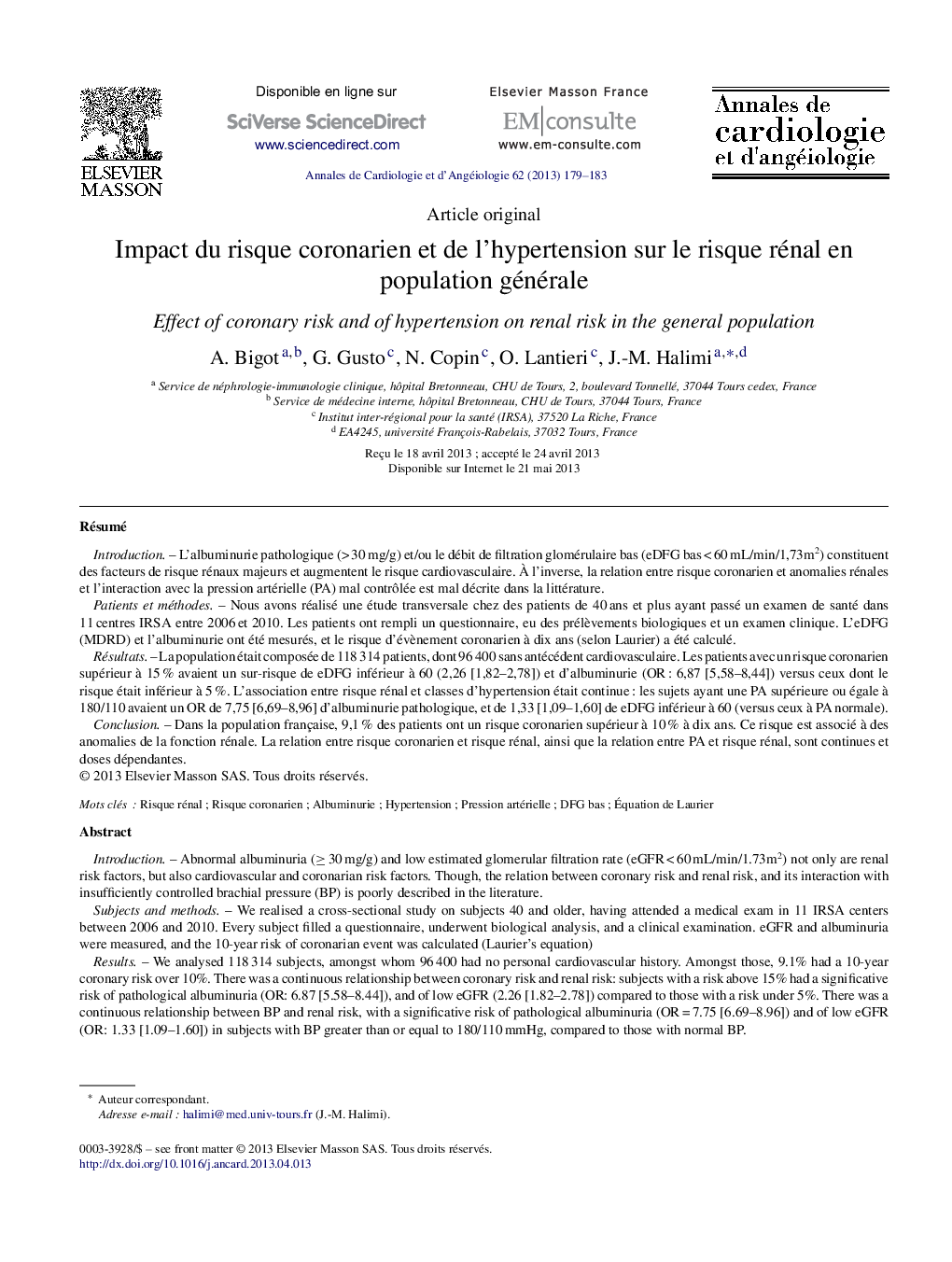 Impact du risque coronarien et de l’hypertension sur le risque rénal en population générale