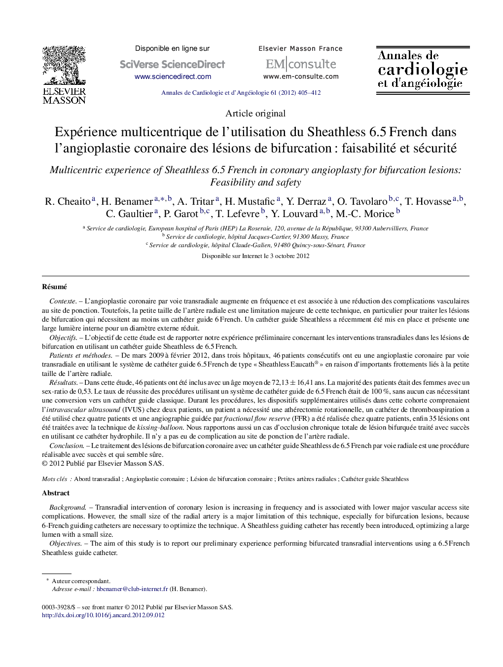 Expérience multicentrique de l’utilisation du Sheathless 6.5 French dans l’angioplastie coronaire des lésions de bifurcation : faisabilité et sécurité