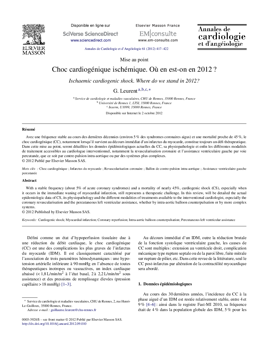 Choc cardiogénique ischémique. Où en est-on en 2012 ?