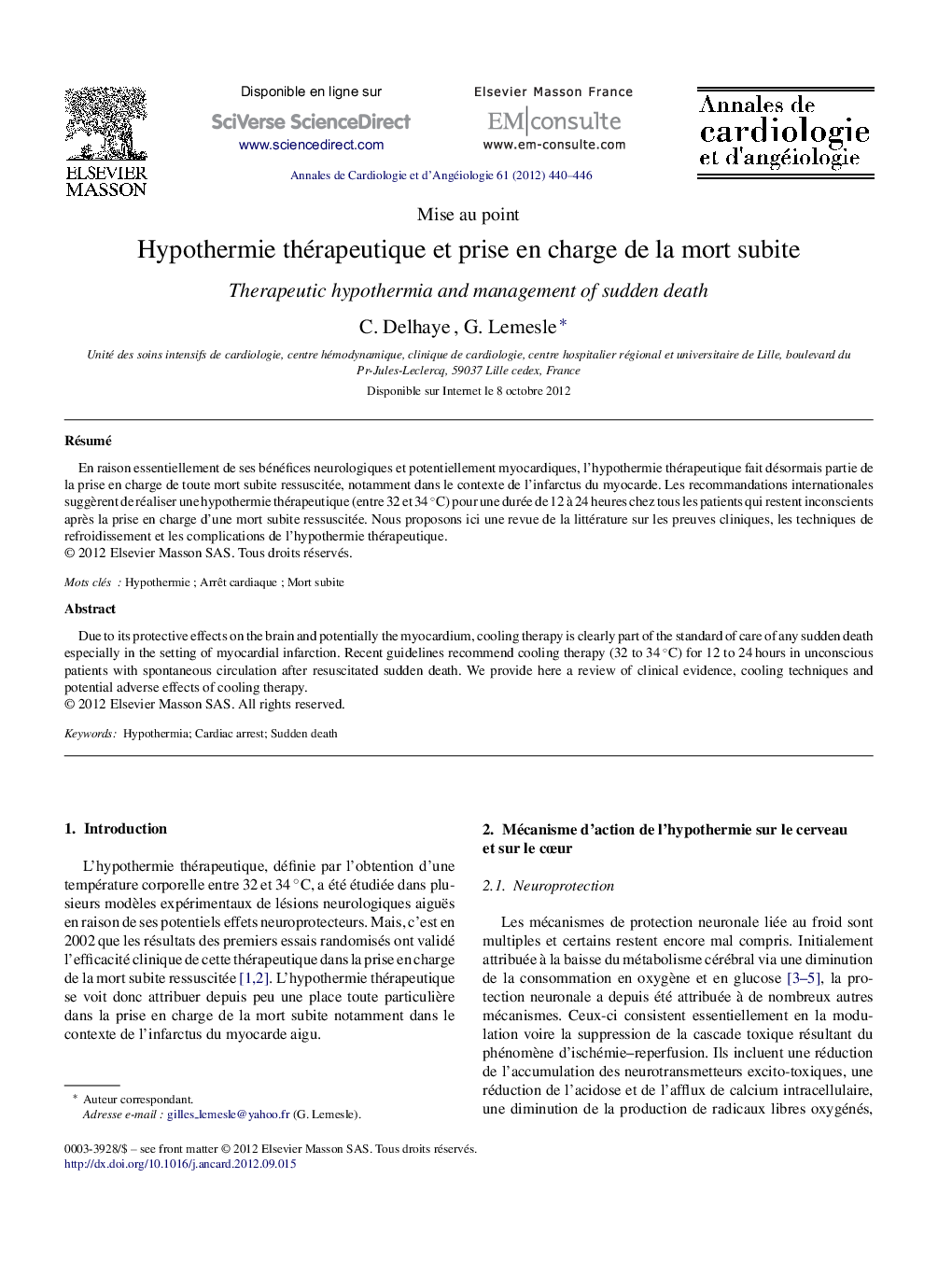 Hypothermie thérapeutique et prise en charge de la mort subite