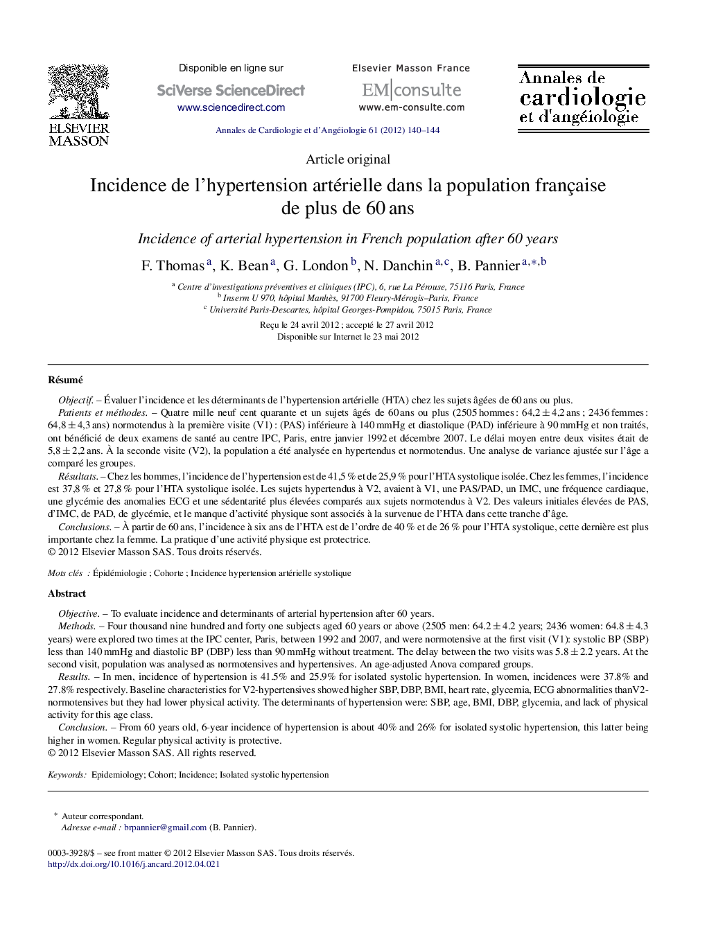 Incidence de l’hypertension artérielle dans la population française de plus de 60 ans