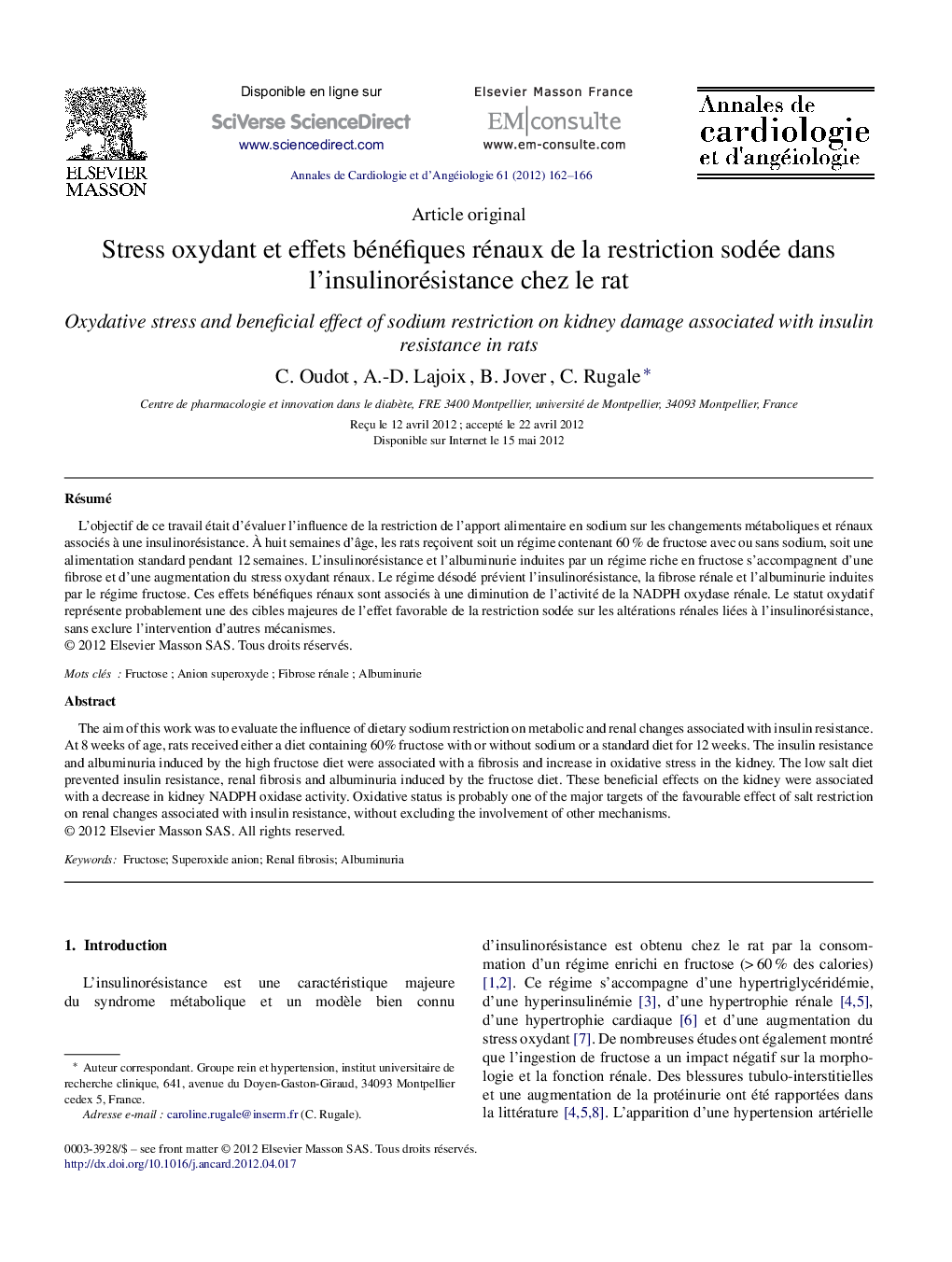 Stress oxydant et effets bénéfiques rénaux de la restriction sodée dans l’insulinorésistance chez le rat