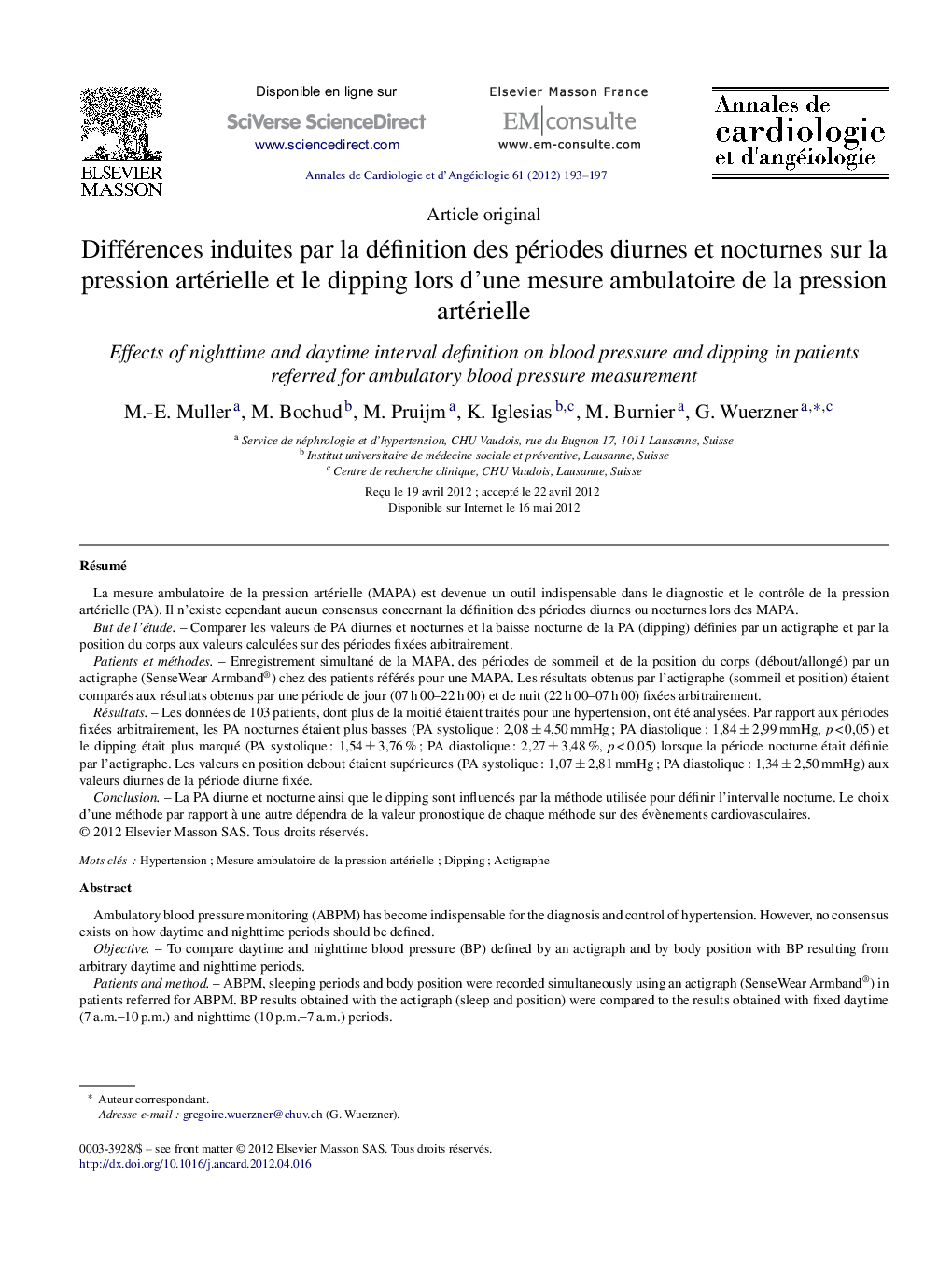 Différences induites par la définition des périodes diurnes et nocturnes sur la pression artérielle et le dipping lors d’une mesure ambulatoire de la pression artérielle