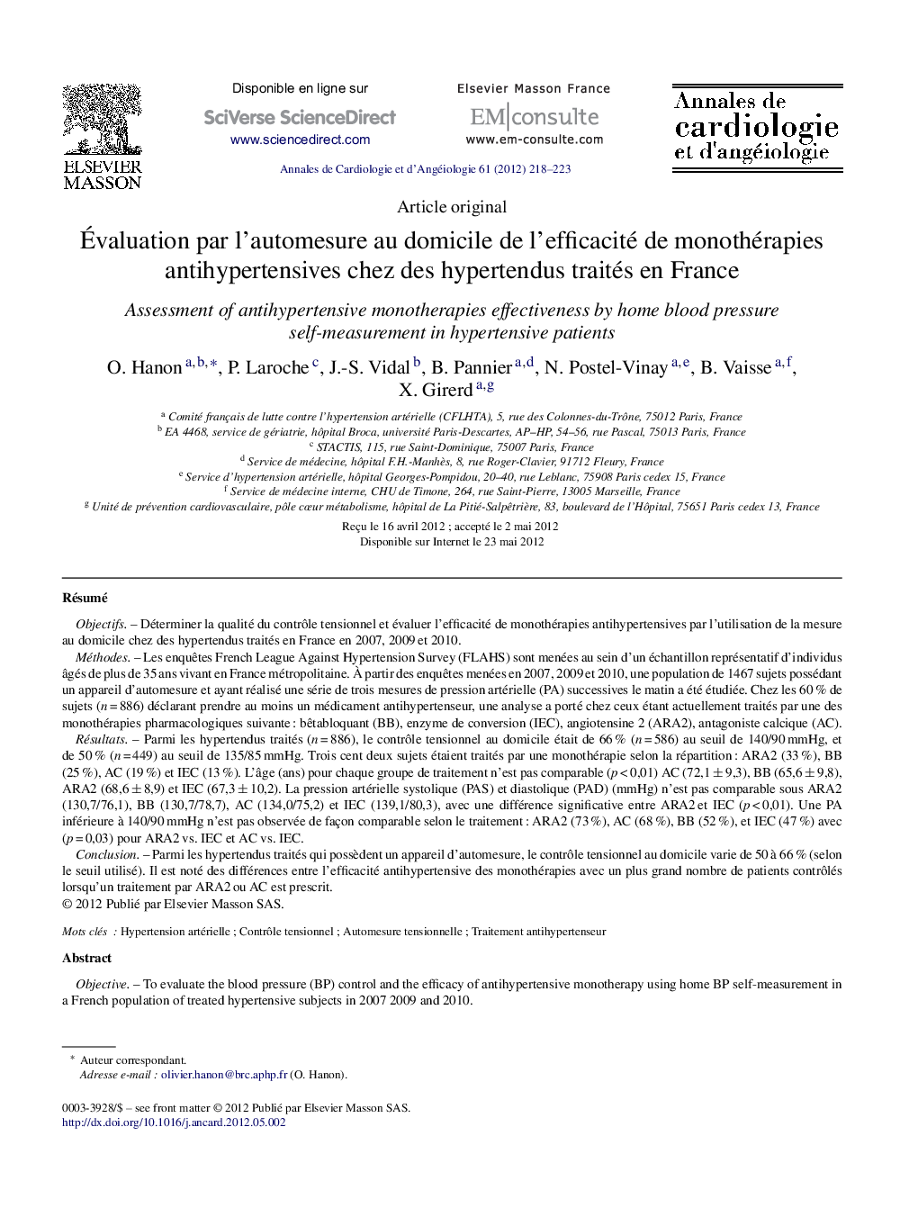 Évaluation par l’automesure au domicile de l’efficacité de monothérapies antihypertensives chez des hypertendus traités en France