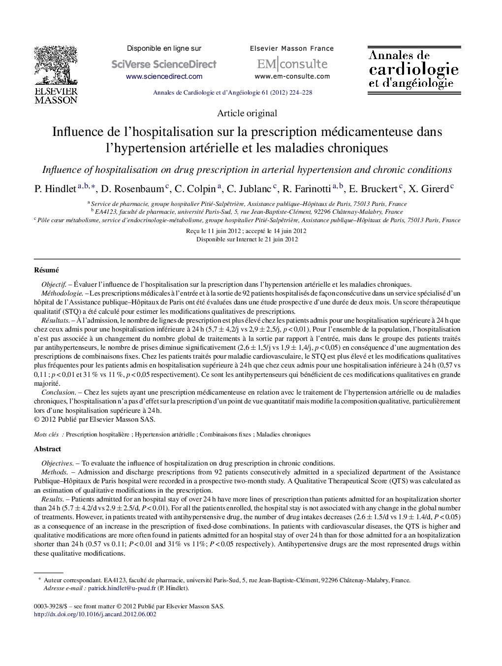 Influence de l’hospitalisation sur la prescription médicamenteuse dans l’hypertension artérielle et les maladies chroniques