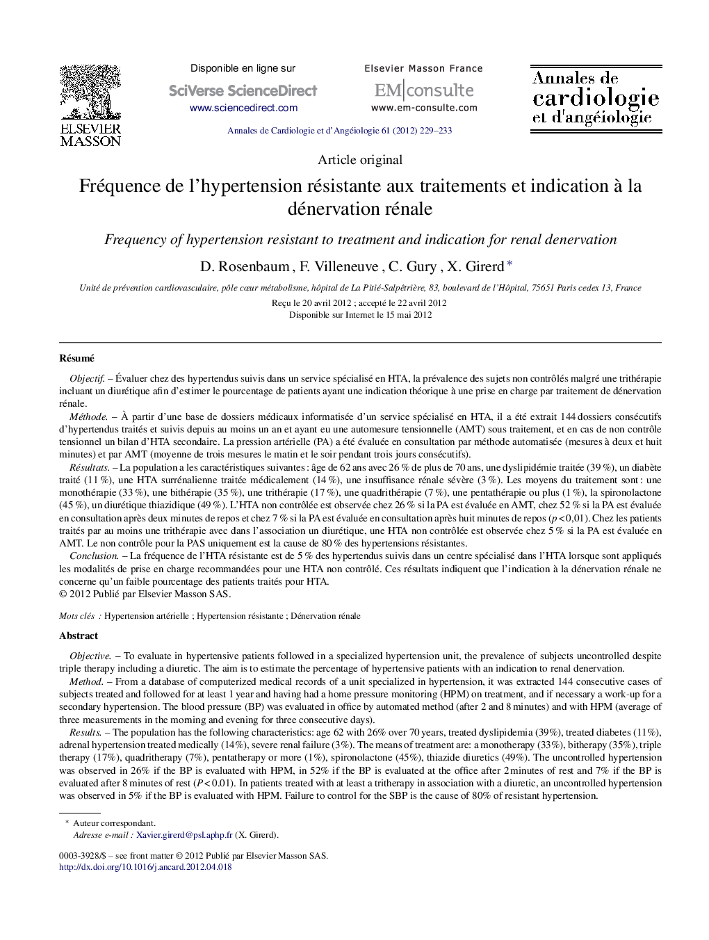 Fréquence de l’hypertension résistante aux traitements et indication à la dénervation rénale