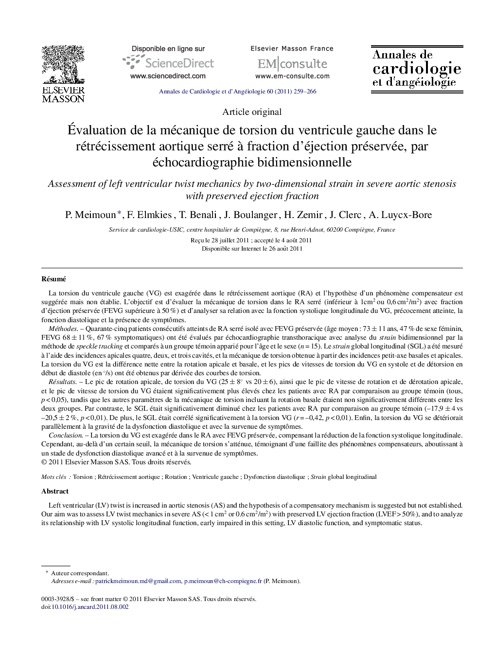 Ãvaluation de la mécanique de torsion du ventricule gauche dans le rétrécissement aortique serré Ã  fraction d'éjection préservée, par échocardiographie bidimensionnelle