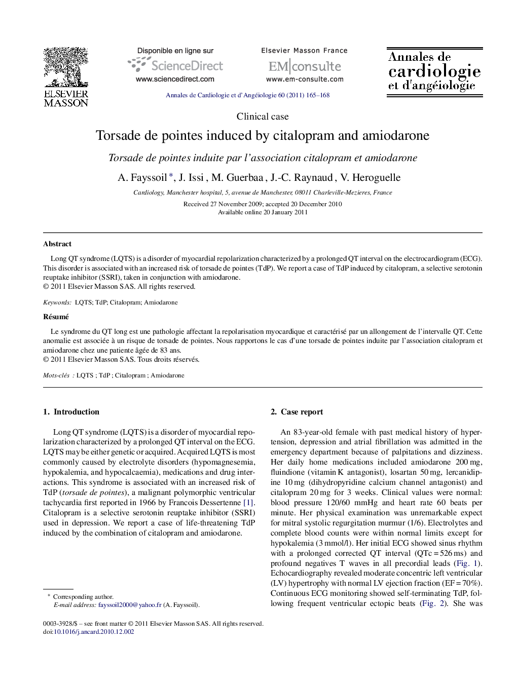 Torsade de pointes induced by citalopram and amiodarone