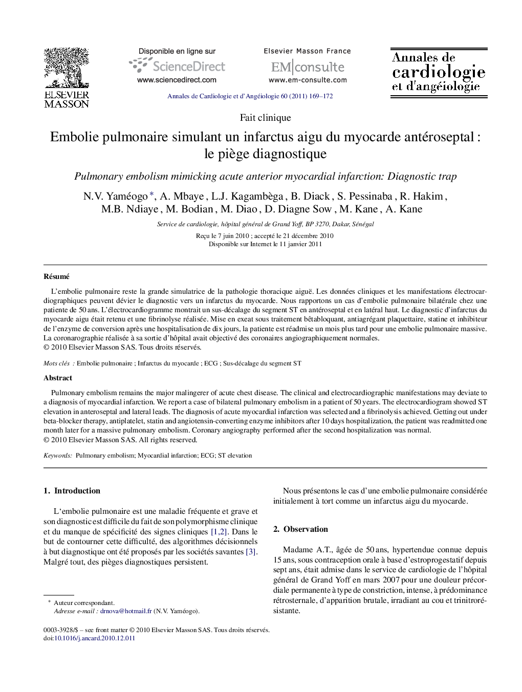 Embolie pulmonaire simulant un infarctus aigu du myocarde antéroseptal : le piège diagnostique