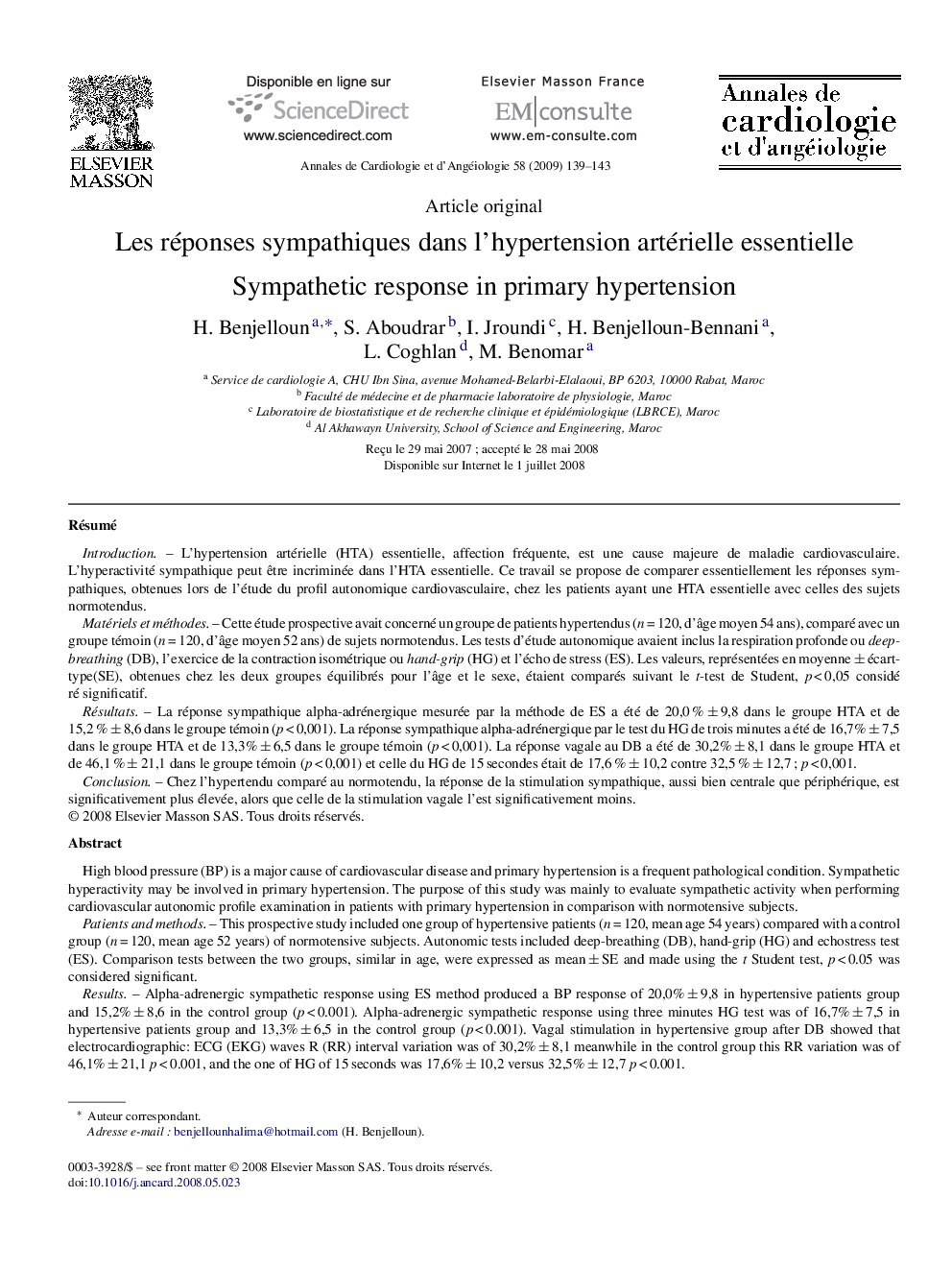 Les réponses sympathiques dans l'hypertension artérielle essentielle