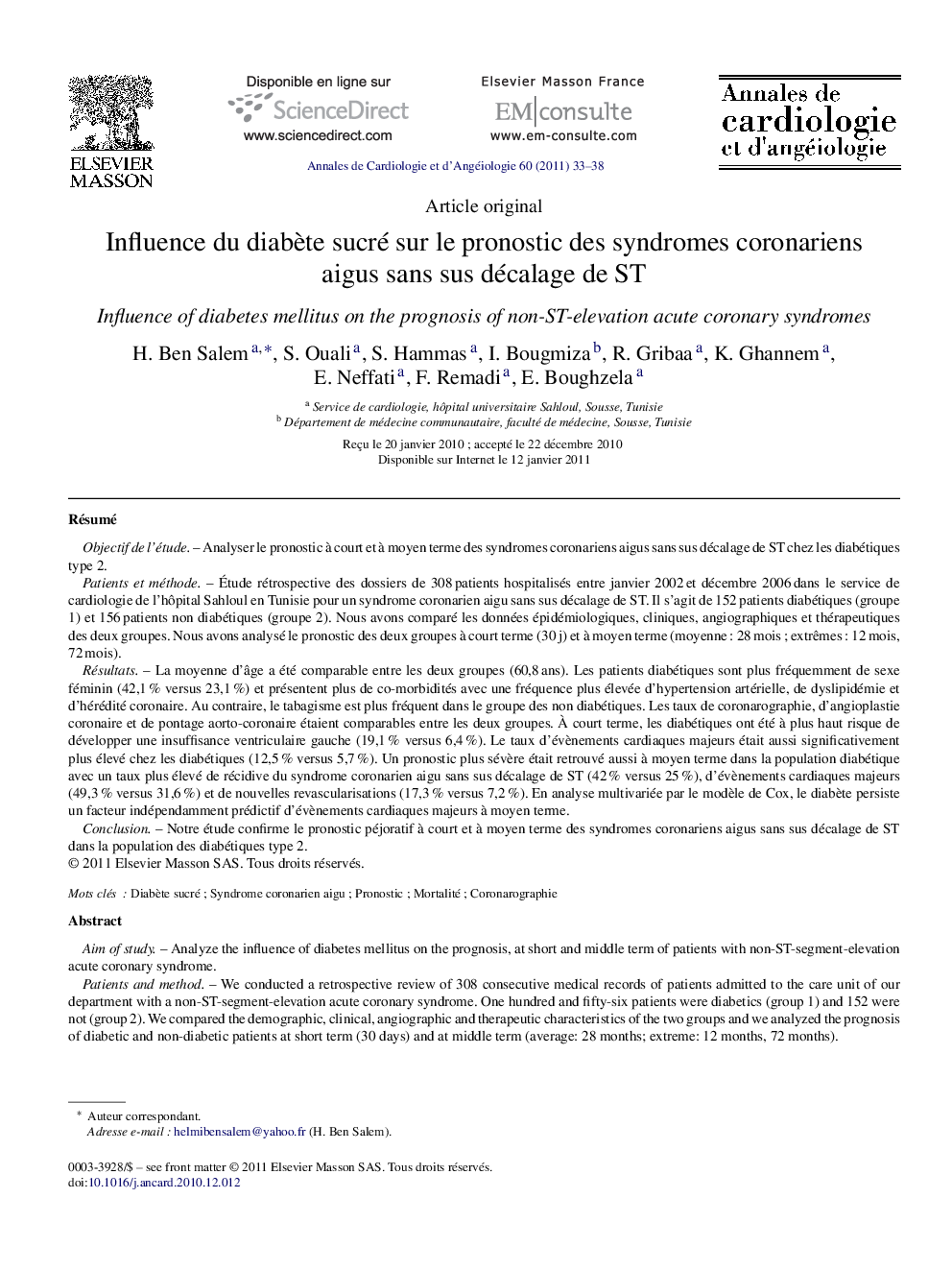 Influence du diabète sucré sur le pronostic des syndromes coronariens aigus sans sus décalage de ST