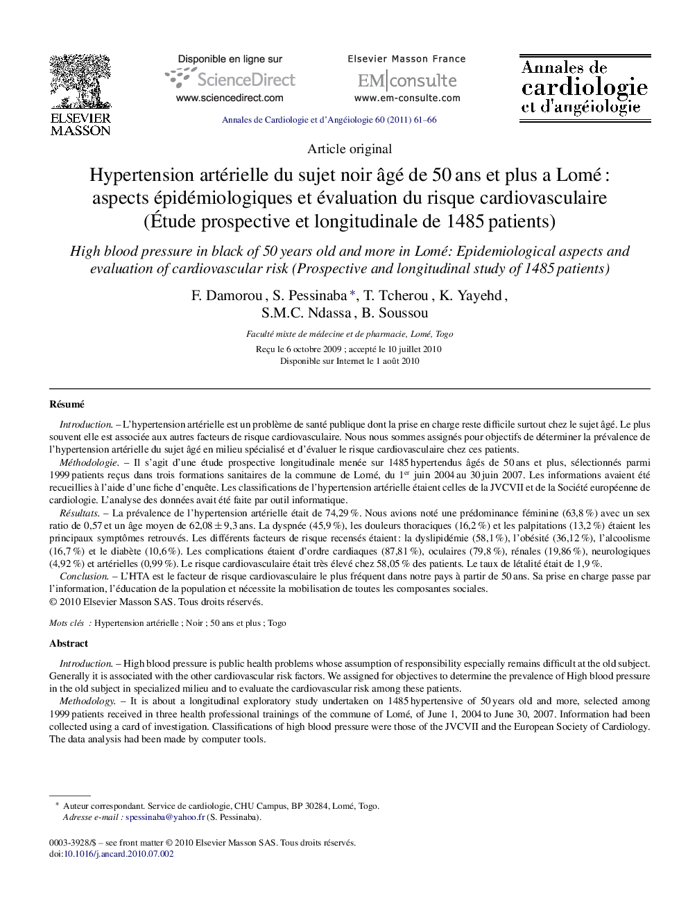 Hypertension artérielle du sujet noir âgé de 50 ans et plus a Lomé : aspects épidémiologiques et évaluation du risque cardiovasculaire (Étude prospective et longitudinale de 1485 patients)