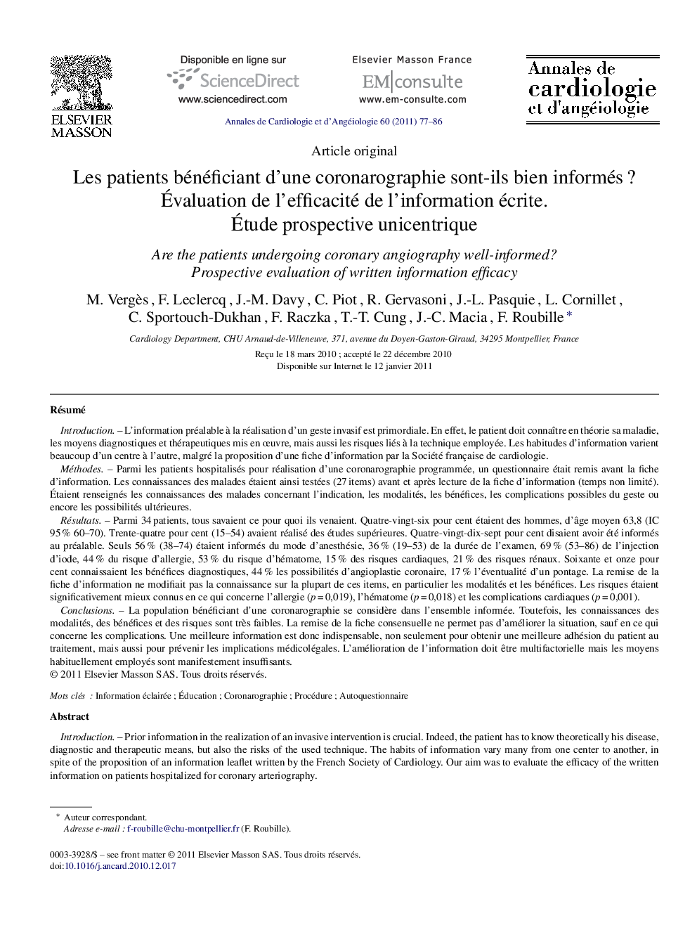 Les patients bénéficiant d’une coronarographie sont-ils bien informés ? Évaluation de l’efficacité de l’information écrite. Étude prospective unicentrique