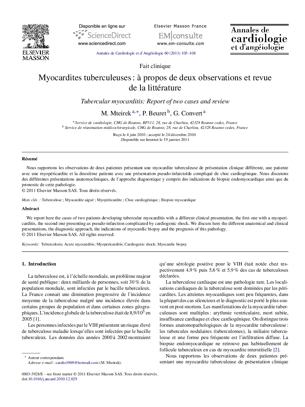 Myocardites tuberculeuses : à propos de deux observations et revue de la littérature