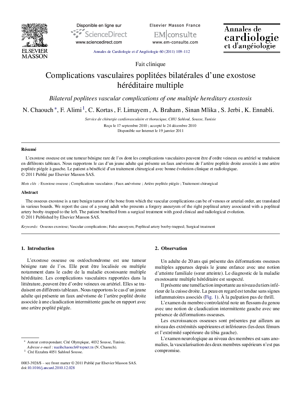 Complications vasculaires poplitées bilatérales d’une exostose héréditaire multiple