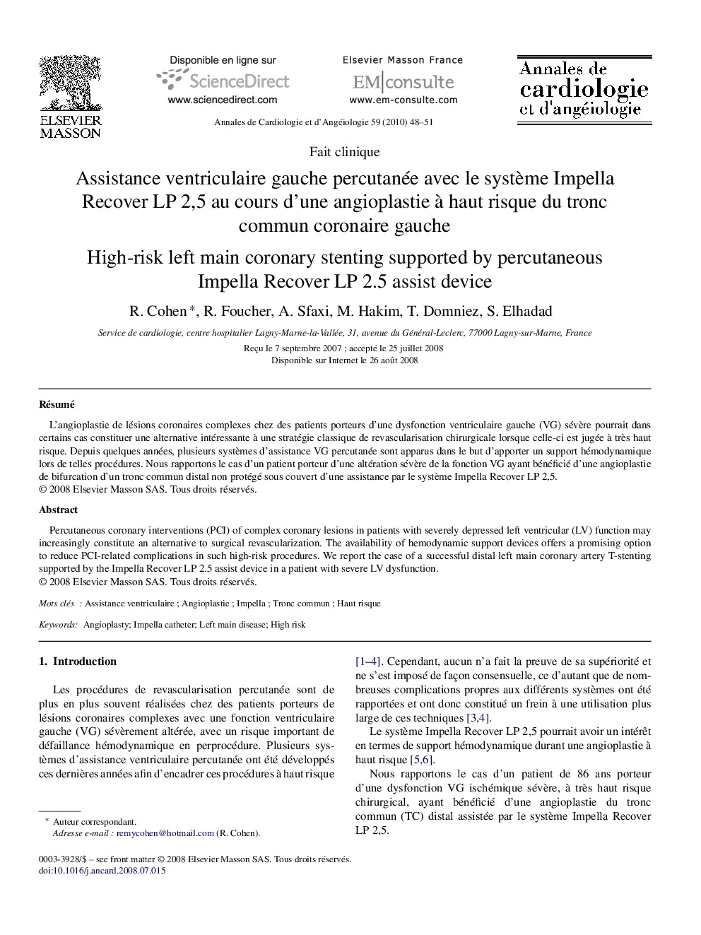 Assistance ventriculaire gauche percutanée avec le système Impella Recover LP 2,5 au cours d’une angioplastie à haut risque du tronc commun coronaire gauche