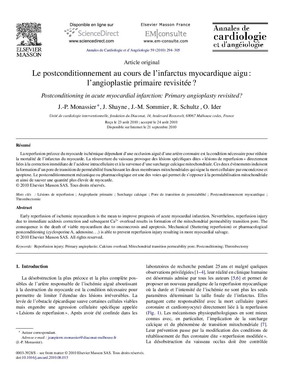 Le postconditionnement au cours de l'infarctus myocardique aiguÂ : l'angioplastie primaire revisitéeÂ ?