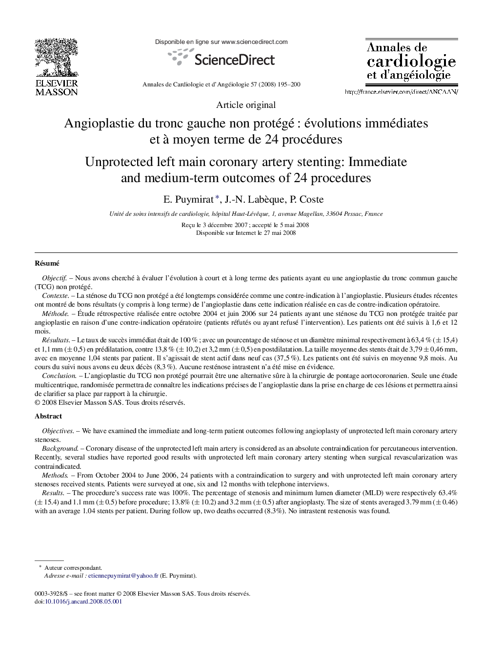 Angioplastie du tronc gauche non protégé : évolutions immédiates et à moyen terme de 24 procédures