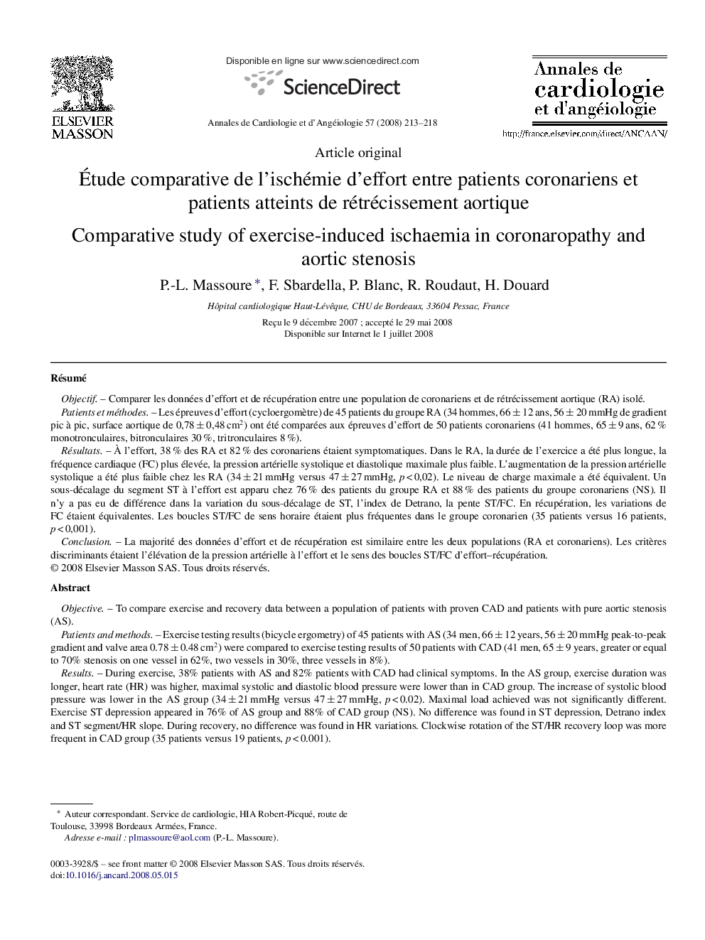 Ãtude comparative de l'ischémie d'effort entre patients coronariens et patients atteints de rétrécissement aortique