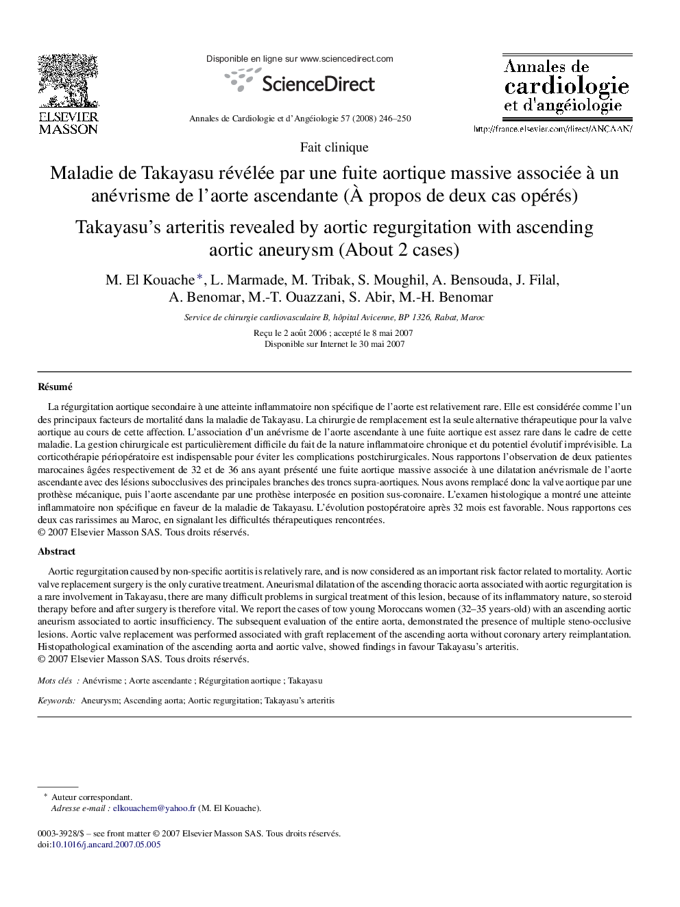 Maladie de Takayasu révélée par une fuite aortique massive associée à un anévrisme de l’aorte ascendante (À propos de deux cas opérés)