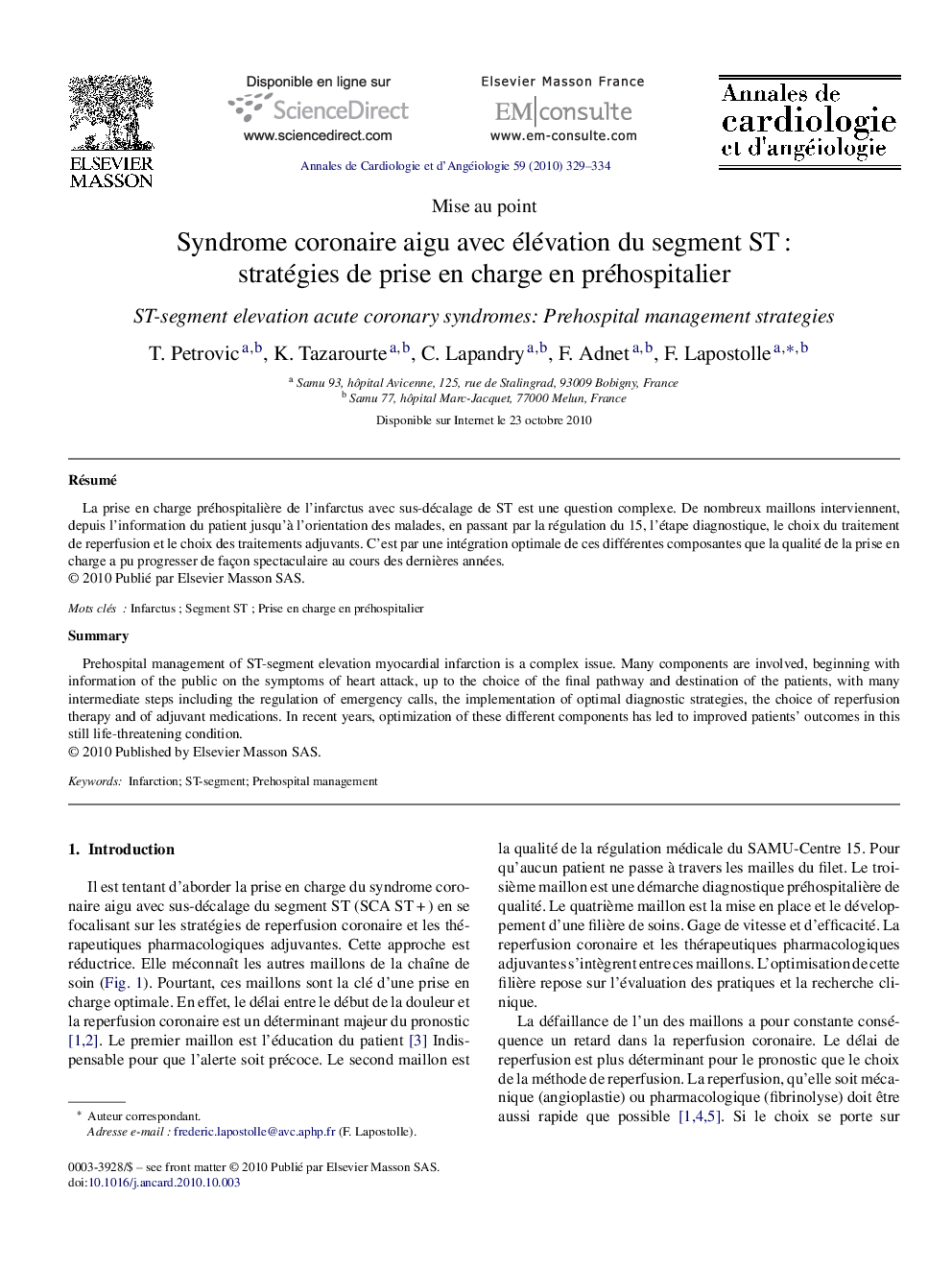 Syndrome coronaire aigu avec élévation du segment ST : stratégies de prise en charge en préhospitalier