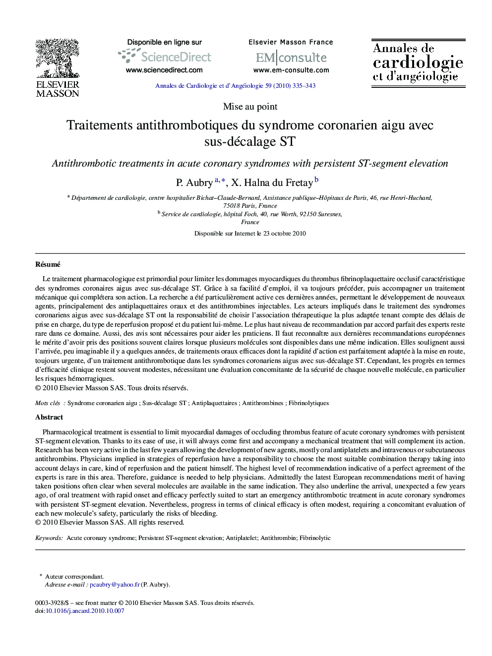 Traitements antithrombotiques du syndrome coronarien aigu avec sus-décalage ST