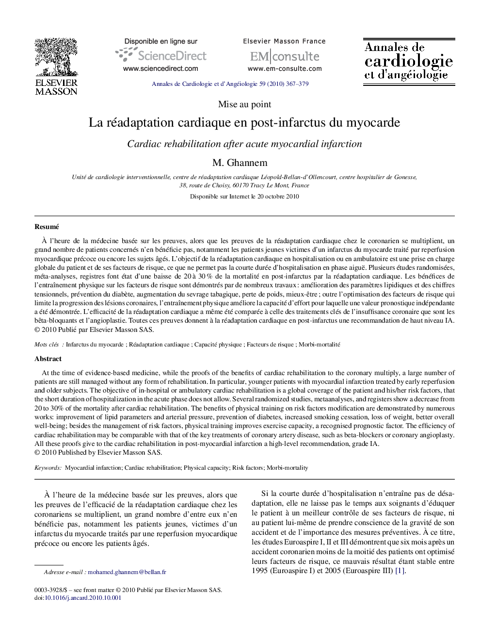 La réadaptation cardiaque en post-infarctus du myocarde