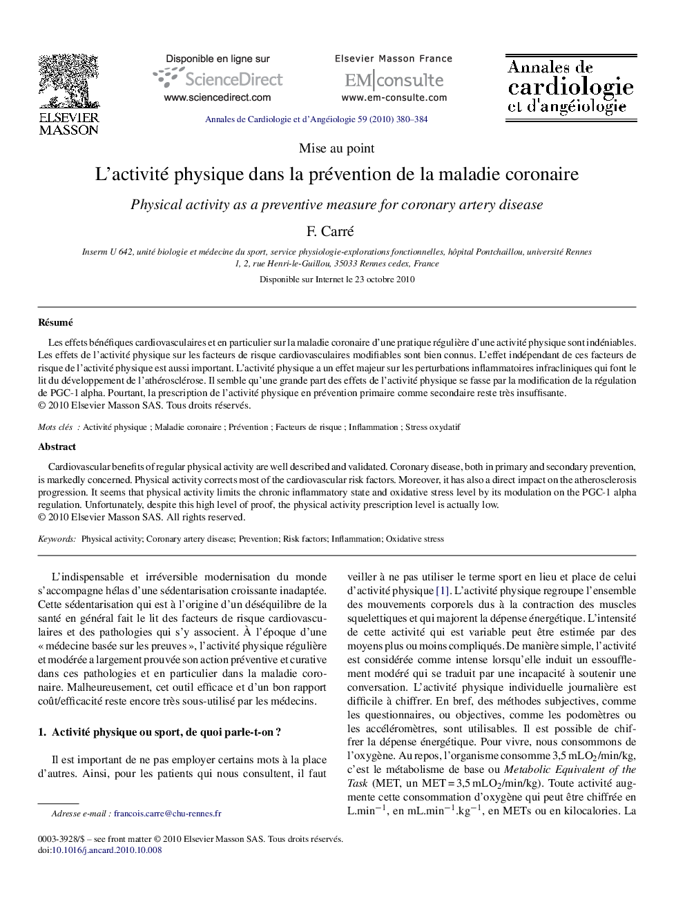 L’activité physique dans la prévention de la maladie coronaire